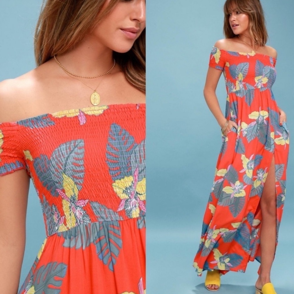 NWT Lulu’s Patsy Coral Red Floral Tropical Print Off-the-Shoulder Dress Size M